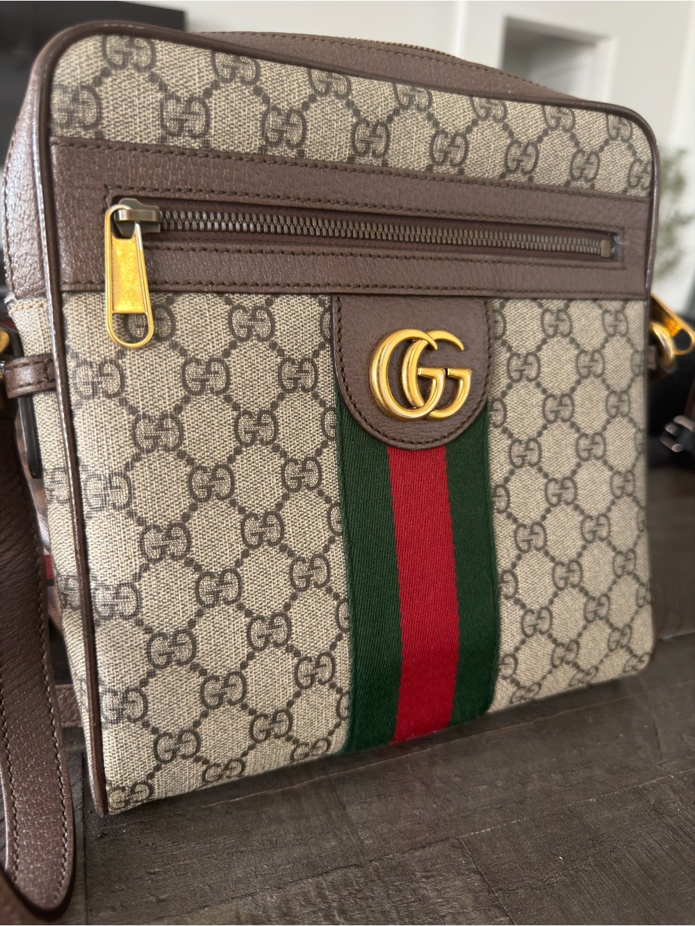 Gucci Beige GG Supreme Messenger Bag with Brown Trim and Green/Red Web